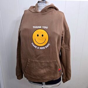 KULE XS Thank You Have A Nice Day Smiley Face Brown Hoodie Sweatshirt Streetwear